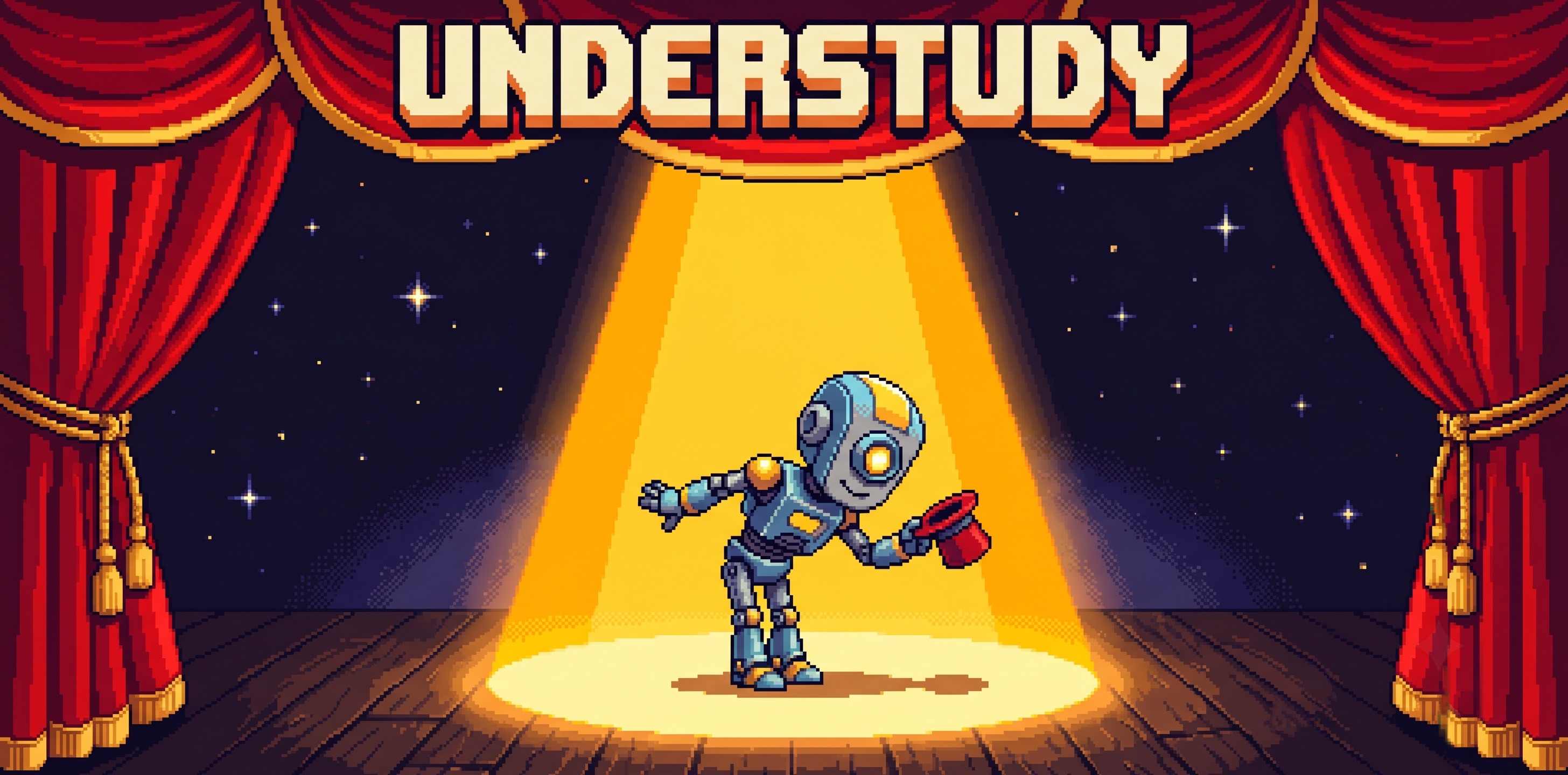 Pixel-art robot taking a bow in a spotlight on a theater stage
